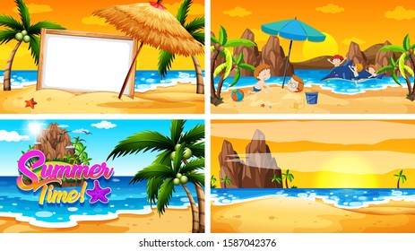 Four background scenes with summer on the beach illustration