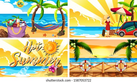 Four background scenes with summer on the beach illustration