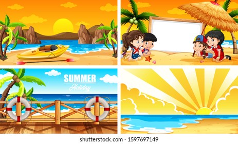 Four background scenes with summer on the beach illustration