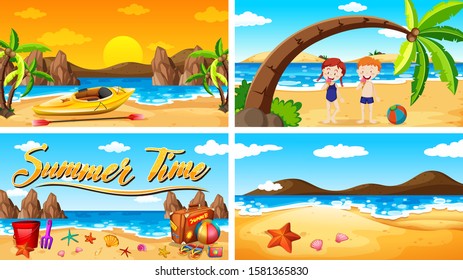 Four background scenes with summer theme illustration