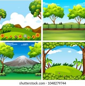 Four background scenes with trees and field illustration
