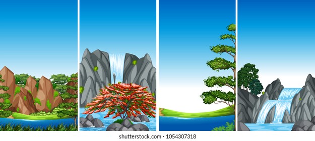 Four background scenes with waterfall and river illustration