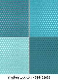 Four background seamless texture with polka dots. Textures with circles in blue and turquoise colors.