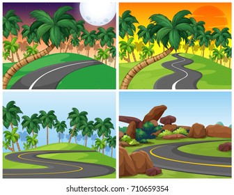 Four background setting with empty roads illustration