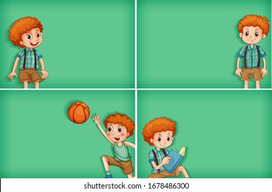 Four background template designs with boy doing different activities illustration