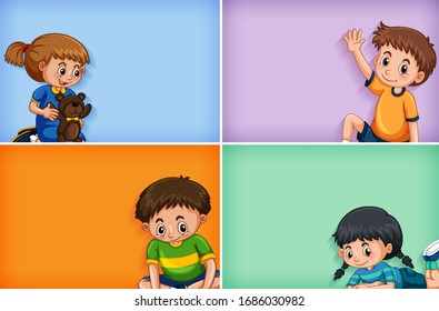 Cuatro diseños de plantilla de antecedentes con ilustraciones para niños y niñas
