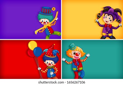 Four background template designs with funny clown illustration