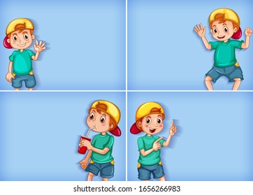 Cuatro diseños de plantilla de fondo con ilustración de niño feliz
