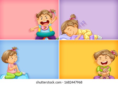 Four background templates with little girl doing different things illustration