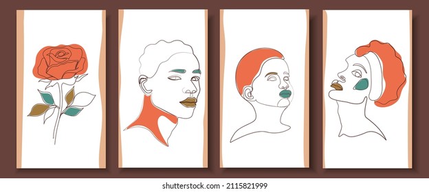Four backgrounds with abstract faces and a flower. Fictional faces of a boy, a woman and a man.  Line drawing. Vector surrealism. 