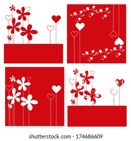 Four backgrounds with flowers and hearts for postcards, in red and white