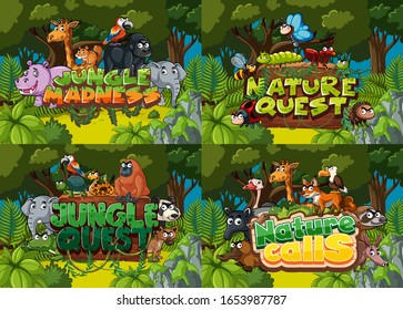 Four backgrounds with forest scenes and word related to nature  illustration