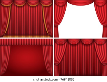 Four backgrounds with red theater curtains. Vector illustration.