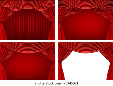 Four backgrounds with red velvet curtains. Vector illustration.