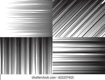 Four backgrounds of speed lines for comic books. Black and white vector illustration