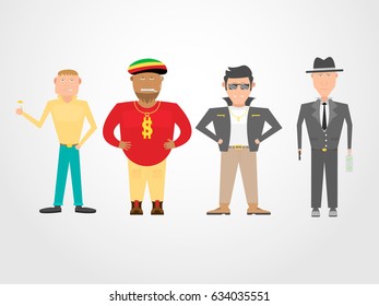 Four "bad guys" types in cartoon style.