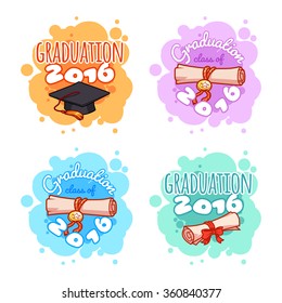 Four badges for 2016 graduation ceremony. Vector cartoon stickers in light colors.