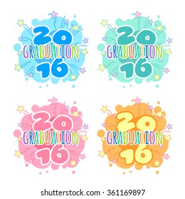Four badges for 2016 graduation ceremony at a kindergarten. Vector cartoon stickers in light colors. 