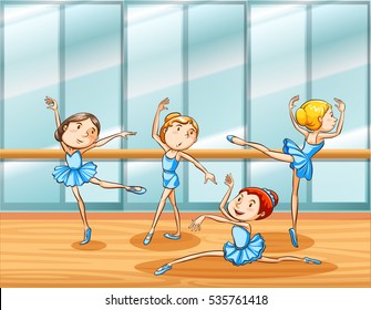 Four ballet dancers practice in the room illustration