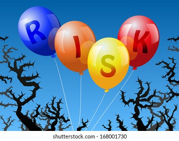 Four balloons, which are labeled with the word RISK, are threatened by thorns.