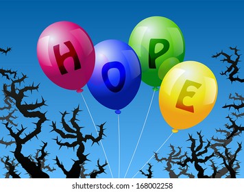 Four balloons, which are labeled with the word HOPE, are threatened by thorns.