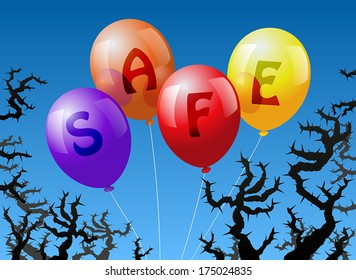 Four balloons, which are labeled with the word SAFE, are threatened by thorns.