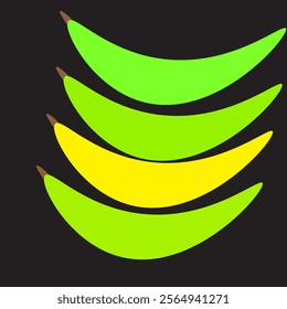 Four bananas, three green and one yellow, arranged on a black background. Simple fruit illustration