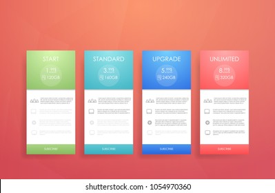Four banner for the cloud sky service. Price list, hosting plans and web boxes banners design. Four banner for the tariffs and price lists. Web elements. Plan hosting. Vector design for web app. 