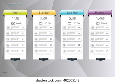 Four banner for the clouded sky service. Price list, hosting plans and web boxes banners design. Four banner for the tariffs and price lists. Web elements. Plan hosting. Vector design for web app. 