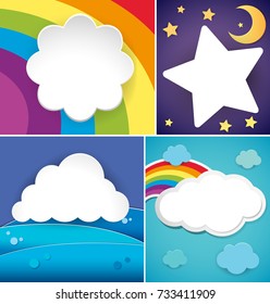 Cuatro diseños de banderas con nubes e ilustración de arco iris