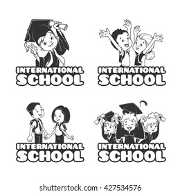 Four banner for the International School in black and white style. Template logo. Vector Illustration isolated on a White Background.