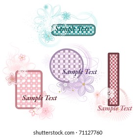 four banner of plaid fabric, pink, green and purple colors, decorated with braid and lace flowers