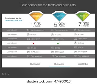 Four banner for the tariffs and price lists. Web elements. Plan hosting. Vector design for web app. Diamond style.  Pricing table, banner, button, list and bullet.