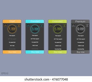 Four banner for the tariffs and price lists. Web elements. Plan hosting. Vector design for web app. Four banner for the clouded sky service. 