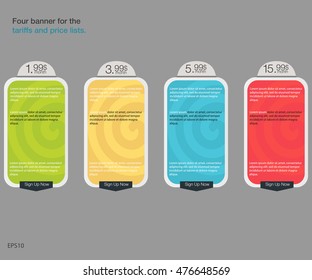 Four banner for the tariffs and price lists. Web elements. Plan hosting. Vector design for web app. Four banner for the clouded sky service. Price list, hosting plans and web boxes banners design.