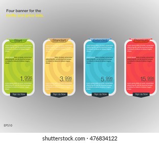 Four banner for the tariffs and price lists. Web elements. Plan hosting. Vector design for web app. Four banner for the clouded sky service. Price list, hosting plans and web boxes banners design.
