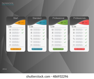 Four Banner For The Tariffs And Price Lists. Web Elements. Plan Hosting. Vector Design For App. 