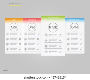 Four banner for the tariffs and price lists. Web elements. Plan hosting. Vector design for web app. Pricing table, banner, list.