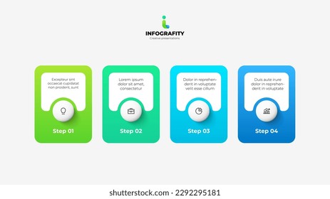 Cuatro banderas con círculos colocados en fila horizontal. Concepto de 4 etapas del proceso de gestión estratégica. Plantilla de diseño de infografía creativa