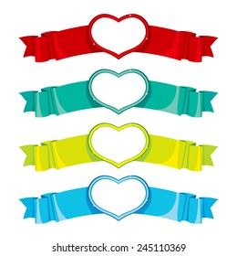 Four banners with different color and sparkling heart shape frame on center of ribbon