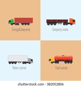 Four banners with different trucks. Freight cars in the center of each banner.