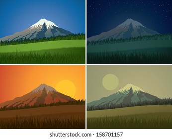Four banners with mountain landscape scene showing day cycle.
