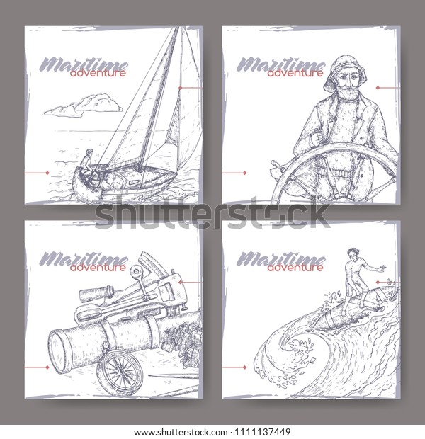 Four
banners with old captain, navigational instruments, sailboat and
surfer sketch. Maritime adveture series. Great for travel ads and
brochures, sailing and tourist
illustrations.