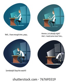 Four banners on the theme of overwork. Four stages, when the candidate is sure that he will perform the task in time and until the moment when a person burns in the workplace. Vector