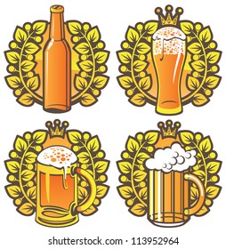 four banners on topic with beer glasses, bottle and laurel wreath