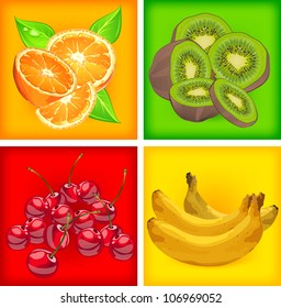 Four banners with orange, banana, kiwi and cherries on color background, vector illustration