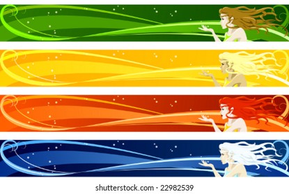 Four banners with a pretty girl blowing kisses, in 4 seasonal color-schemes; full banner format (vector); a JPG version is also available