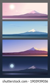 Four banners showing day cycle. Nature scene at different time - morning, noon, evening and night. Panoramic evening view of mount Fuji. Landscape with a mountain peak in Japan. Vector Illustration