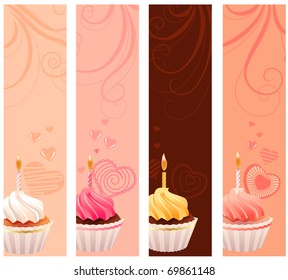 Four banners with sweet small cakes and flourishes