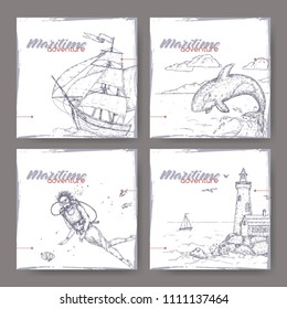 Four banners with tall ship, lighthouse, scuba diver and jumping whale sketch. Maritime adveture series. Great for travel ads and brochures, sailing and tourist illustrations.